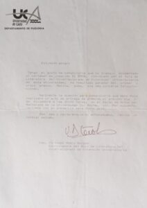 1991. 'Como si de lienzos se tratase'. Premio de Poesía 'El Drag'. Universidad de Cádiz. Carta de concesión del premio.