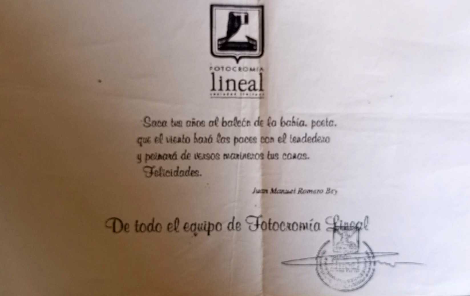 Diciembre, 1998. Felicitación de cumpleaños a Rafael Alberti de la empresa de diseño gráfico Fotocromía Lineal.